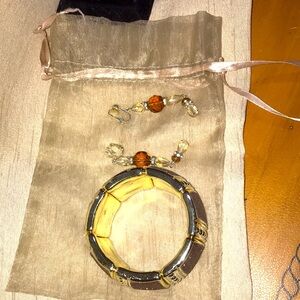 Amber and Crystal clip on earring and stretch bracelet set